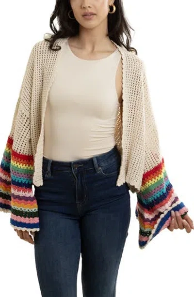 Saachi Rainbow Sleeve Crochet Cardigan In Ivory
