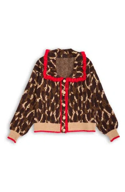 Saachi Ruffle Collar Leopard Cardigan In Brown