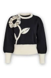 Saachi Ruffled Bloom Pullover Sweater In Black