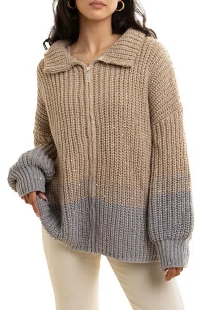 Saachi Sequin Crocheted Zip-up Cardigan In Brown