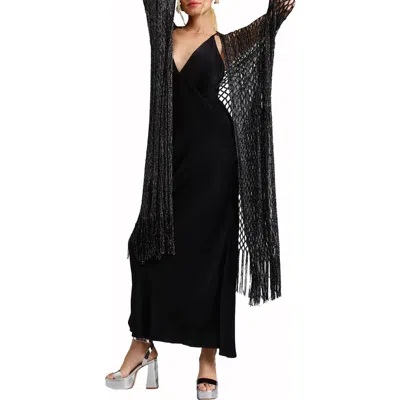 Saachi Shimmer Crochet Fringe Kimono In Black