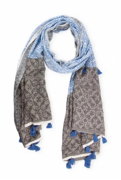 Saachi Tassel Trim Cotton Scarf In Blue In Multi