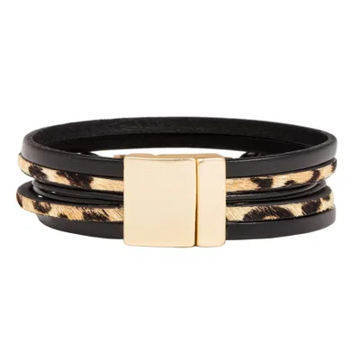 Saachi Women's Black Leather Leopard Multi Strand Bracelet
