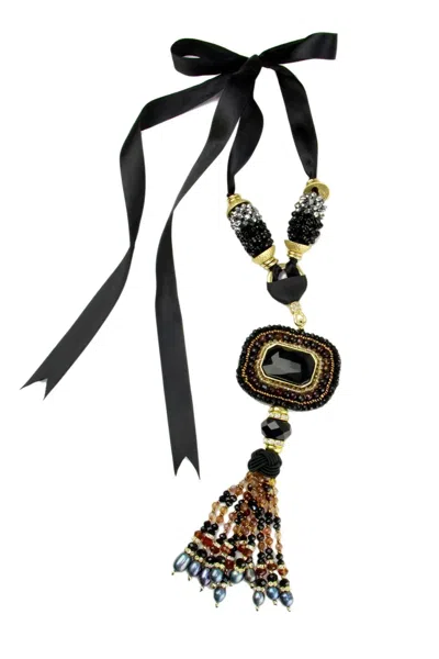 Saachi Women's Black Tribal Tassel Ribbon Statement Necklace