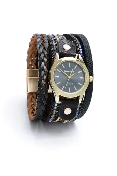 Saachi Women's Black Vegan Leather Braided Bracelet Watch
