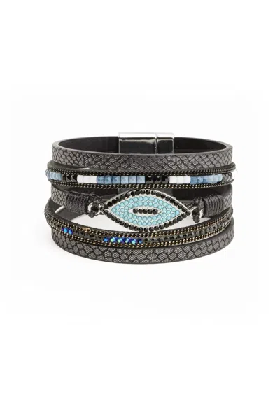 Saachi Women's Black Vegan Leather Evil Eye Bracelet