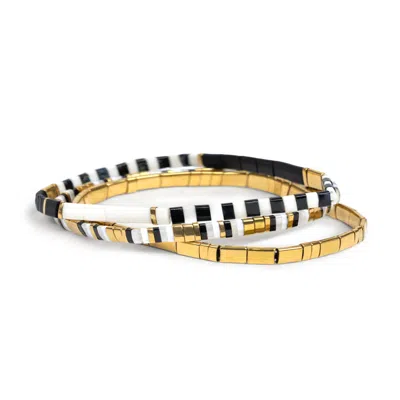 Saachi Women's Black / White Rainbow Stretch Black & White Bracelet Set In Multi