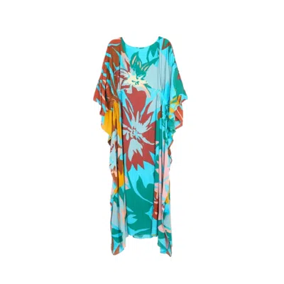 Saachi Women's Blue Polychromatic Flowery Turquoise Kaftan