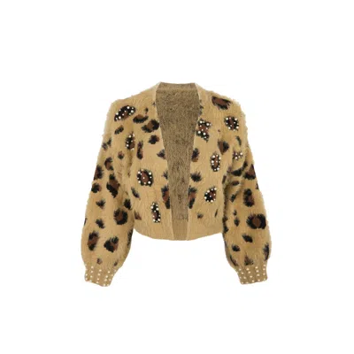 Saachi Women's Brown Animal Print Pearl Cardigan