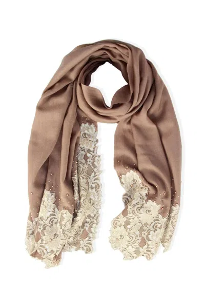 Saachi Women's Brown Beaded Floral Embroidered Scarf