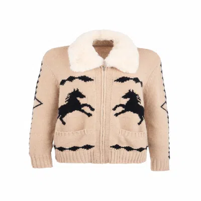 Saachi Women's Brown Fur Collar Horse Knit Jacket In Neutral