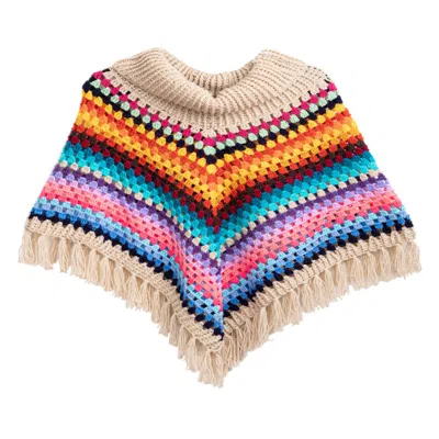 SAACHI WOMEN'S BROWN RAINBOW CROCHET TURTLENECK SWEATER PONCHO