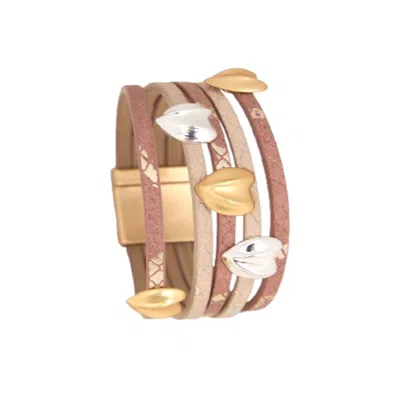 Saachi Women's Brown Textured Hearts Leather Bracelet