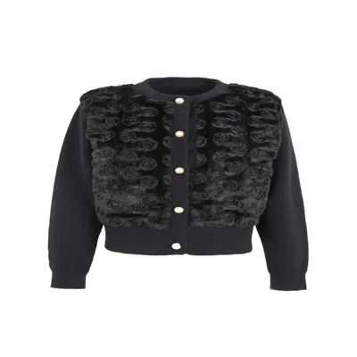 Saachi Women's Floral Velour Button Black Cardigan