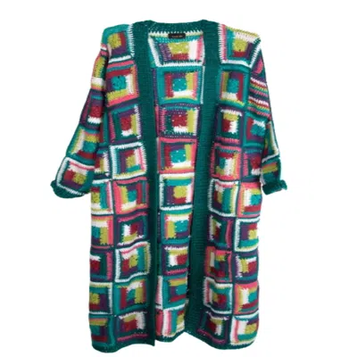 Saachi Women's Green Crochet Long Cardigan Marrakesh Teal Jacket In Brown