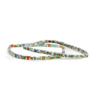 Saachi Women's Green Rainbow Stretch Turquoise Bracelet Set In Black