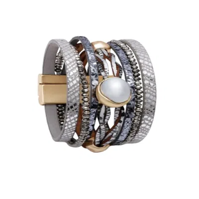 Saachi Women's Grey Leather Beaded Orb Bracelet