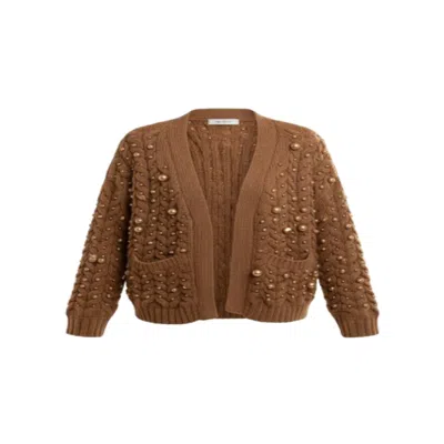 Saachi Faux Pearl Knit Cardigan In Brown