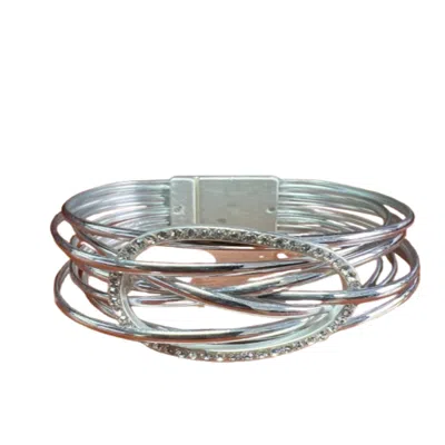 Saachi Women's Leather Crystal Disk Silver Bracelet