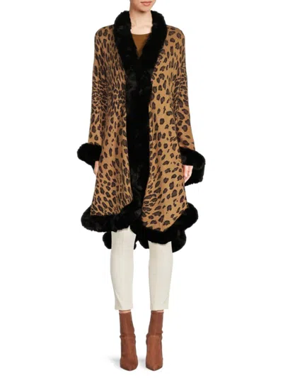 Saachi Women's Leopard Print Faux Fur Ruana In Black