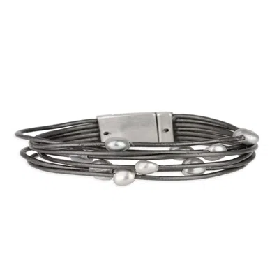 Saachi Women's Multi Strand Leather Pearl Dim Grey Bracelet In Metallic