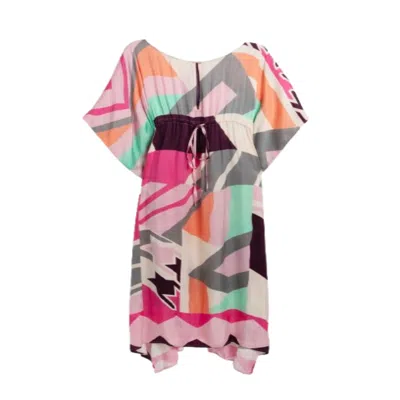 Saachi Women's Pink Multicolored Geo Tie Waist Keyhole Kaftan
