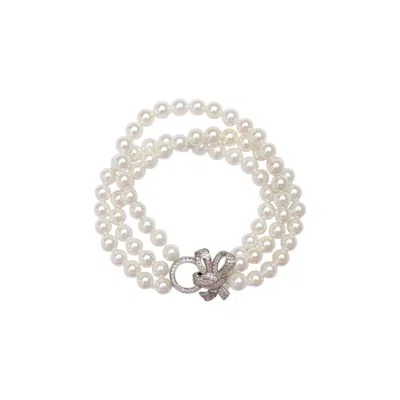 Saachi Women's Silver Triple Strand Pearl Bow Bracelet