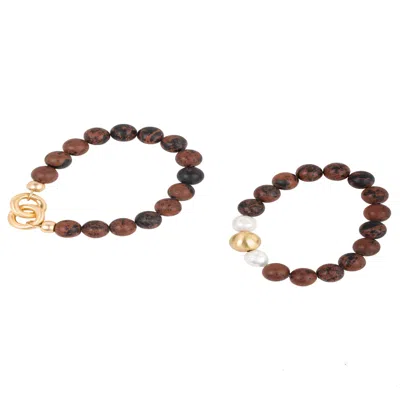 Saachi Women's Stone Pearl Stretch Brown Bracelet Set