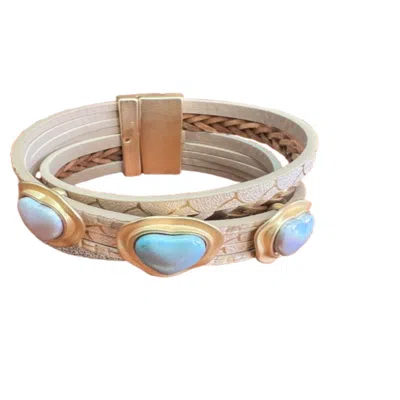Saachi Women's White Braided Leather Heart Charm Bracelet