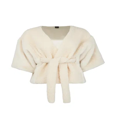 Saachi Women's White Fur Tie Front Short Ivory Kimono