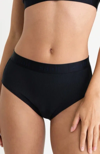 Saalt Period & Leakproof High Rise Stretch Cotton & Modal Rib Briefs In Black