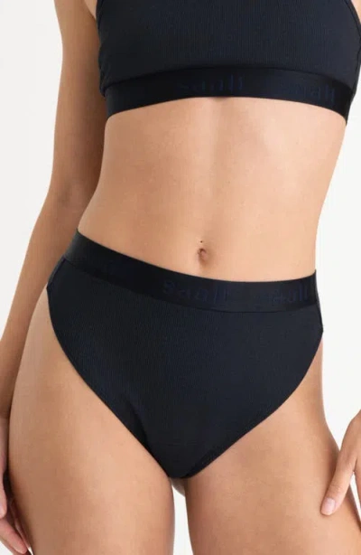 Saalt Period & Leakproof High Rise Stretch Cotton & Modal Rib Thong In Blue