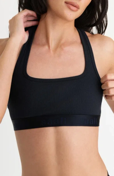 Saalt Square Neck Rib Cotton Blend Bralette In Black