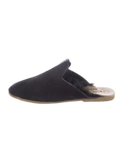 Pre-owned Sabah Leather Faux Fur Trim Mules In Blue