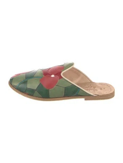Pre-owned Sabah Leather Floral Print Mules In Green