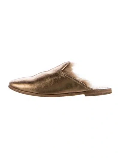 Pre-owned Sabah Leather Fur Trim Mules In Gold