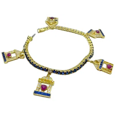 Pre-owned Sabbadini 18 Karat Gold Bracelet With Diamond, Ruby And Sapphire House Charms In Blue