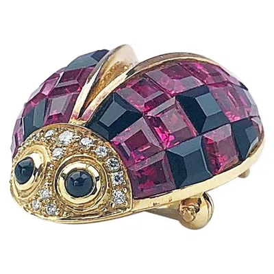 Pre-owned Sabbadini 18 Karat Gold Ladybug Brooch With Pink Tourmaline, Onyx And Diamonds