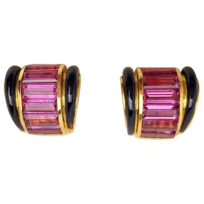 Pre-owned Sabbadini 18 Karat Yellow Gold Earrings With Pink Tourmaline And Black Onyx