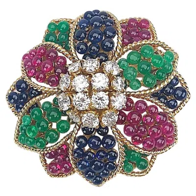 Pre-owned Sabbadini 18 Karat Yellow Gold Flower Brooch With Diamonds And Beaded Gem Stones