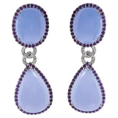 Pre-owned Sabbadini 18k White Gold Chalcedony, Amethyst And Diamond Drop Earrings
