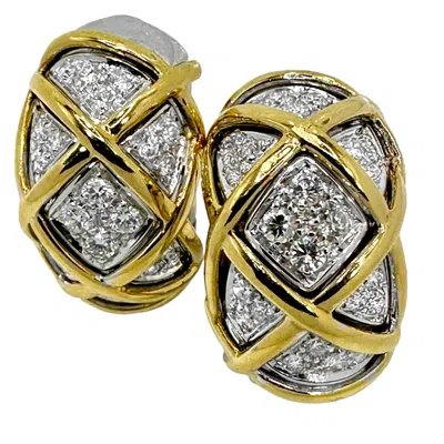 Pre-owned Sabbadini 18k Yellow And White Gold Lattice Work Hoop Earrings With Diamonds By
