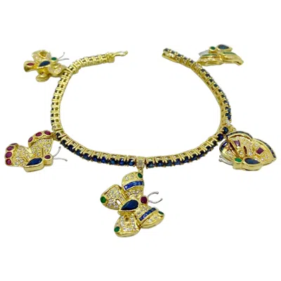 Pre-owned Sabbadini 18kt Yg Butterfly Charm Bracelet With Diamonds, Sapphire, Ruby, Emeral In Multi