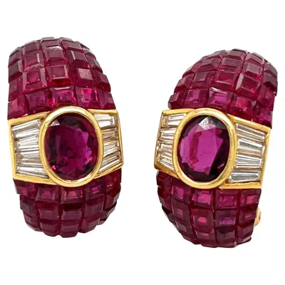 Pre-owned Sabbadini 18kt Yg Oval And Invisibly Set Rubies 12.85 Ct & Diamond 0.92 Cts Hoop Earrings In Multi