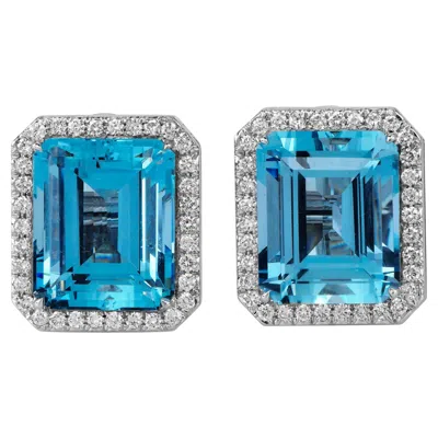 Pre-owned Sabbadini Aquamarine Diamond Platinum Large Emerald Cut Clip Earrings In Green