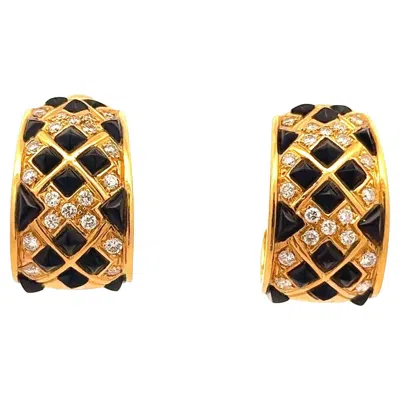 Pre-owned Sabbadini Black Onyx Diamond 18k Yellow Gold Clip Hoop Earrings