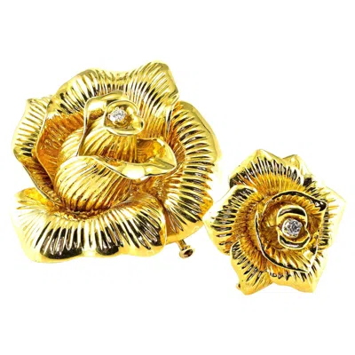 Pre-owned Sabbadini Circa 1970 18k Gold Diamond Rose Twin Brooches In Red