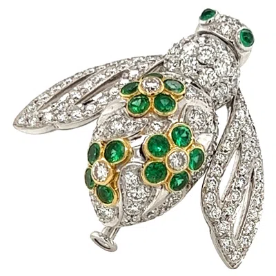 Pre-owned Sabbadini Diamond & Emerald 18k Gold Bee Pin Brooch In Green