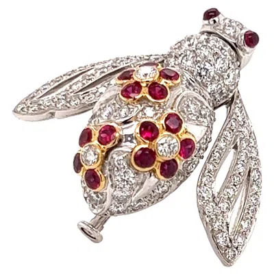 Pre-owned Sabbadini Diamond & Ruby 18k Gold Bee Pin Brooch In Multi