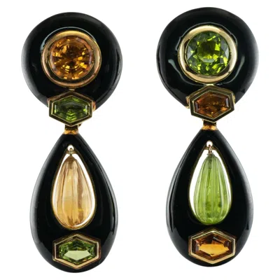 Pre-owned Sabbadini Earrings Dangle Drop Enamel Peridot Citrine 18k Gold In Multi
